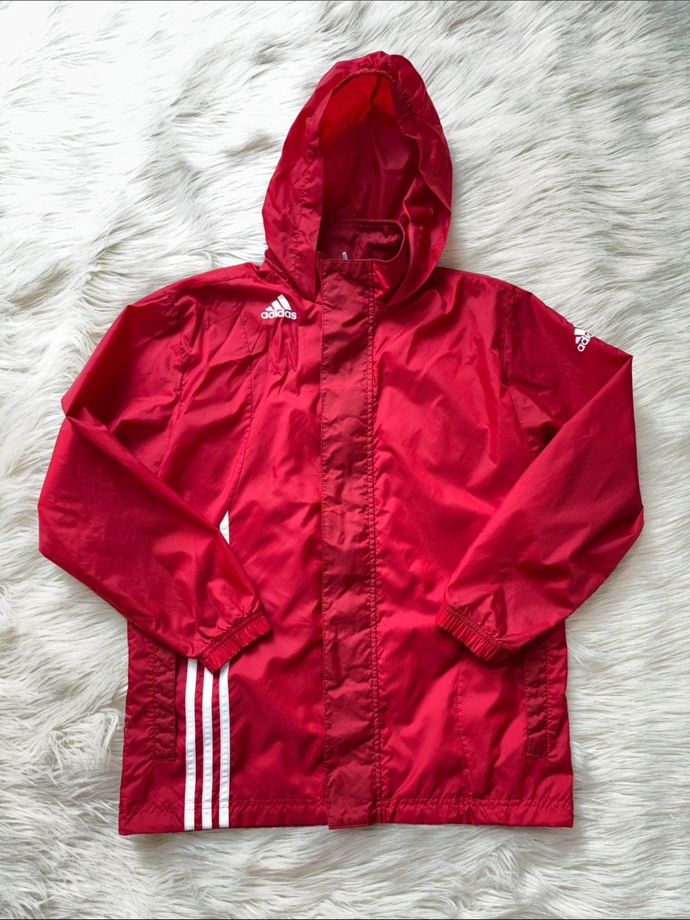 adidas Red Hooded Utility Jacket with White Stripes
